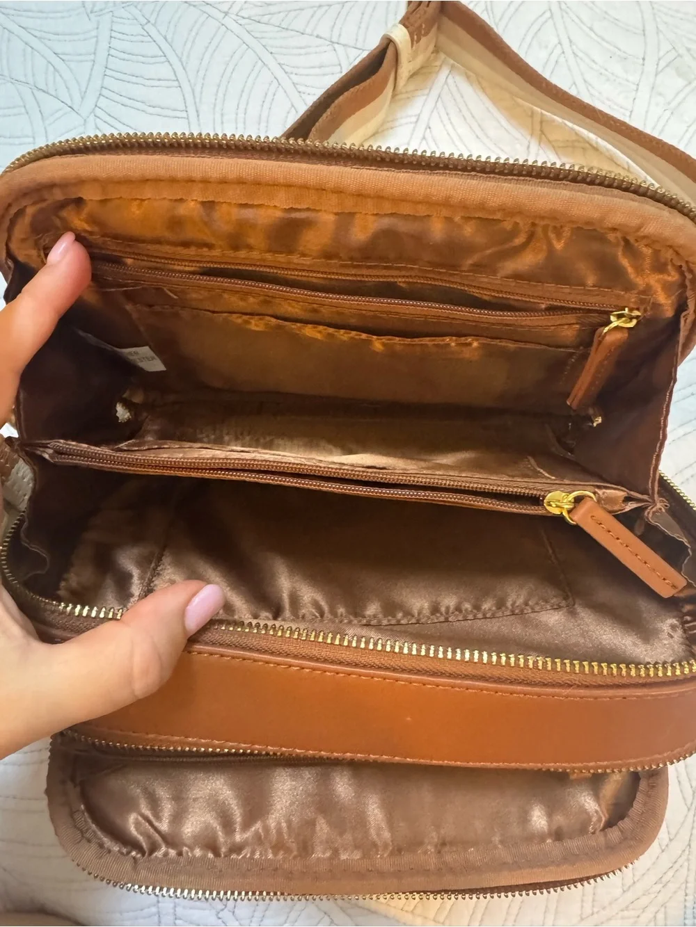 JOY & IMAN Cognac Genuine Leather Double Zip Crossbody